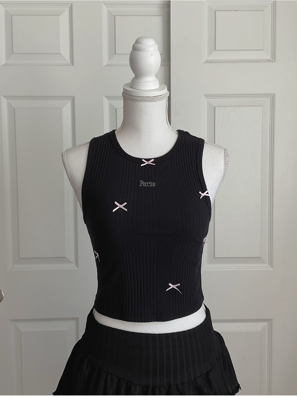 PacSun Black Ribbed Paris Crop Tank with Pink Bow Accents & Rhinestones